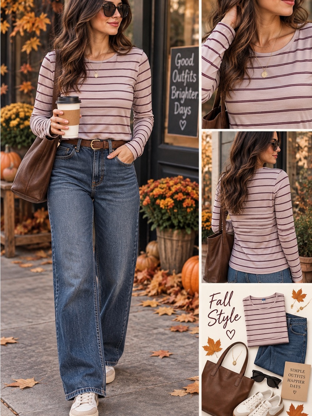 Old Navy Taupe Long-Sleeve Striped Tee with Burgundy Lines